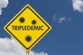 Tripledemic message for RSV, covid-19 and flu yellow warning road sign