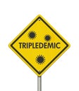 Tripledemic message for RSV, covid-19 and flu yellow warning road sign Royalty Free Stock Photo