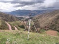 tripode in the foreground and mountains in the background