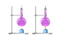Tripods with laboratory flasks and glass alcohol spirit burners. Set for chemical experiments with liquid heating. Pascal law Royalty Free Stock Photo