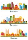 Tripoli Libya, Sanaa Yemen and Beirut Lebanon city Skyline set with Color Buildings isolated on white. Cityscape with Landmarks Royalty Free Stock Photo