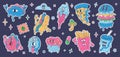 Trippy cartoon fast food stickers. Melted burger, crazy psychedelic junk food and acid street food trip vector