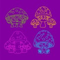 Trippy characters set - mushrooms with bid eyed face in retro neon style. Groovy sticker with plant for print. Linear
