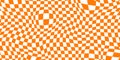 Trippy checkerboard background. Orange retro psychedelic checkered wallpaper. Wavy groovy chessboard surface. Distorted