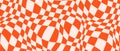 Trippy checkerboard background. Orange retro psychedelic checkered wallpaper. Wavy groovy chessboard surface. Distorted