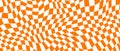 Trippy distorted checkerboard background. Orange retro psychedelic checkered wallpaper. Wavy groovy chessboard surface