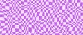 Trippy distorted checkerboard background. Purple violet psychedelic checkered wallpaper. Wavy groovy chessboard surface