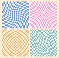 Trippy grid Groovy pattern set in pink, blue, yellow, green colors. 60s 70s Retro checkered design Vector illustration Royalty Free Stock Photo