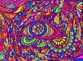 Trippy hippie rainbow psychedelic shamanic Eye with colorful bizarre ornaments fantastic background. Royalty Free Stock Photo