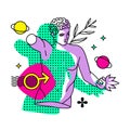 Trippy male character, greek ancient statue with planet and surreal elements. Vector linear illustration in trendy