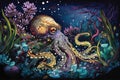 trippy octopus swimming amongst underwater plants