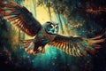 trippy owl flying through ethereal forest