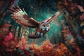 trippy owl flying through ethereal forest