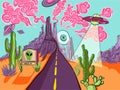 Trippy and psychedelic artwork of desert landscape from area 51. Surreal illustration of an alien and UFO invasion with cactuses,