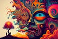 Trippy and psychedelic artwork. Surreal illustration in vivid multicolors. Eyes and face theme