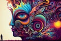 Trippy and psychedelic artwork. Surreal illustration in vivid multicolors. Eyes and face theme Royalty Free Stock Photo