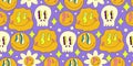 Trippy smile seamless pattern with daisy and skull. Psychedelic hippy groovy print. Good 60s, 70s, mood. Vector trippy