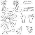 Trips, travel, swimming circle, suitcases, panama hats,caps, swimming trunks, swimsuits, slates, flip-flops, towel, sun glasses, s Royalty Free Stock Photo