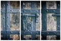 Triptych of ancient iron lock on aged boarded door Royalty Free Stock Photo