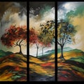 triptych in arcylic colors. House design. trees