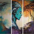 triptych in arcylic colors. House design.Woman& x27;s profile