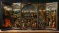 Triptych artwork depicting historical scenes. classic painting style in detailed imagery. ideal for educational and