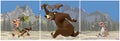 Triptych cartoon bear chasing a hunter and the hare scoffs