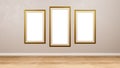 Triptych of Golden Empty Picture Frame at the Wall Royalty Free Stock Photo