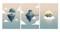 Triptych floating islands with tree house and sunset Royalty Free Stock Photo