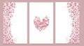 Triptych of frames and heart with delicate pink flowers. Watercolor illustration. For posters, postcards, certificates,