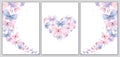 Triptych of frames and hearts with delicate, purple and pink butterflies. Watercolor illustration. For posters