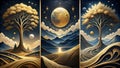 Surreal golden trees and moonlit landscape triptych Royalty Free Stock Photo