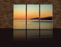 triptych photo with azure smooth surface of the ocean with yellow glare of the setting sun