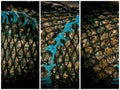 Triptych Storyboard of Turquoise Rope on Black Mesh of a Lobster Pot Royalty Free Stock Photo