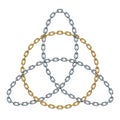 Triquetra with circle made of interwoven golden and silver chains. Celtic trinity symbol. Vector illustration