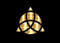 Triquetra geometric logo, Gold Trinity Knot, Wiccan symbol for protection. Vector Celtic trinity knot isolated on black background