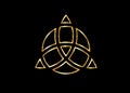 Triquetra geometric logo, Gold Trinity Knot, Wiccan symbol for protection. Vector Celtic trinity knot isolated on black background