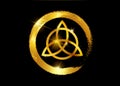 Triquetra, Gold Trinity Knot, Wiccan symbol for protection. Vector gold leaf Celtic trinity knot set isolated on black background