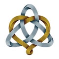 Triquetra with heart of golden and silver mobius strips. Harmonic love symbol. Vector illustration