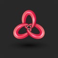 Triquetra shape 3d logo modern design, red gradient triangular knot figure composed of three interlaced circles, three overlapping