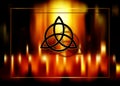 Triquetra, Trinity Knot, Wiccan symbol for protection. Blurred fire background of burning magic candles. Vector mystic background