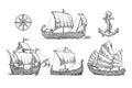 Trireme, caravel, drakkar, junk. Set sailing ships floating sea waves. Royalty Free Stock Photo