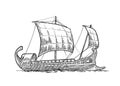 Trireme floating on the sea waves. intage engraving illustration