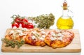 Tris of mixed pizza on wood isolated on white with ingredients Royalty Free Stock Photo