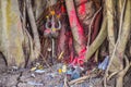 Trishul is placed near the banyan tree for worship. weapon of lord shiva shankara. Indian mythological background. spiritual symbo