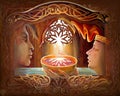 Tristan and Isolde. Oil painting on wood. Illustration of ancient Celtic legend from the 12th century. Love story. Royalty Free Stock Photo