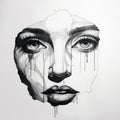 Triste: A Highly Detailed Realistic Ink Drawing Of A Woman\'s Face With Tears