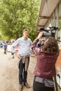 Tristram Hunt Labour MP and Shadow Minister for Education talking to camera woman