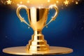 Triumph and Excellence: Golden Trophy with Stars Standing Tall on Dark Blue Background, Symbolizing Achievement and Motivation