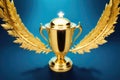 Triumph and Excellence: Golden Trophy with Stars Standing Tall on Dark Blue Background, Symbolizing Achievement and Motivation